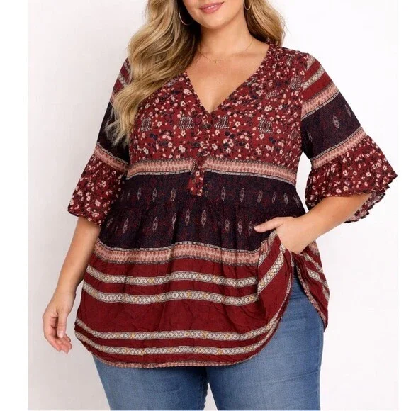 Knox Rose boho top flowy floral print half trumpet sleeves SZ XL burgundy/maroon - Picture 1 of 4